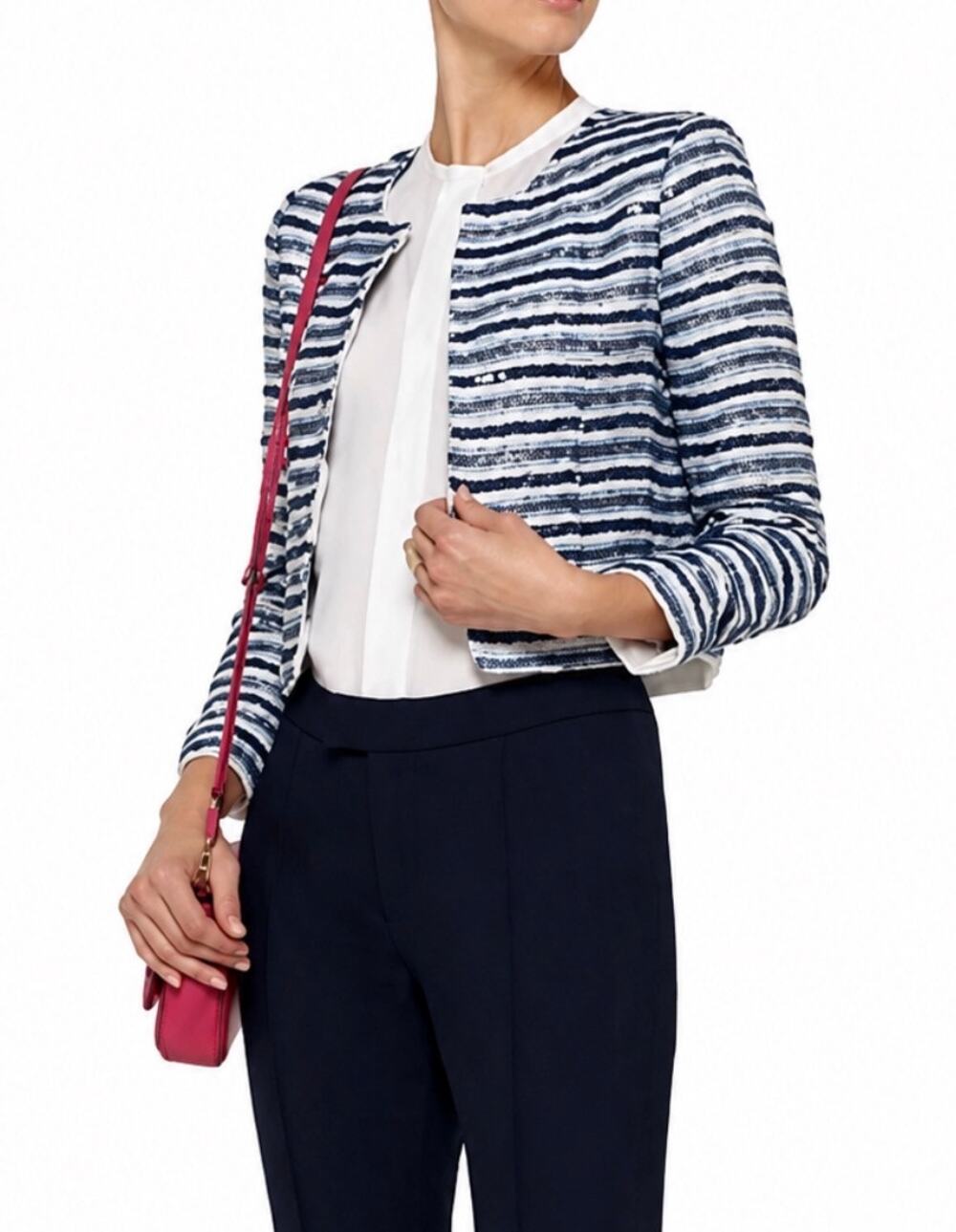 Alice + Olivia Cropped Jacket Blue & White Sequin Striped size Medium